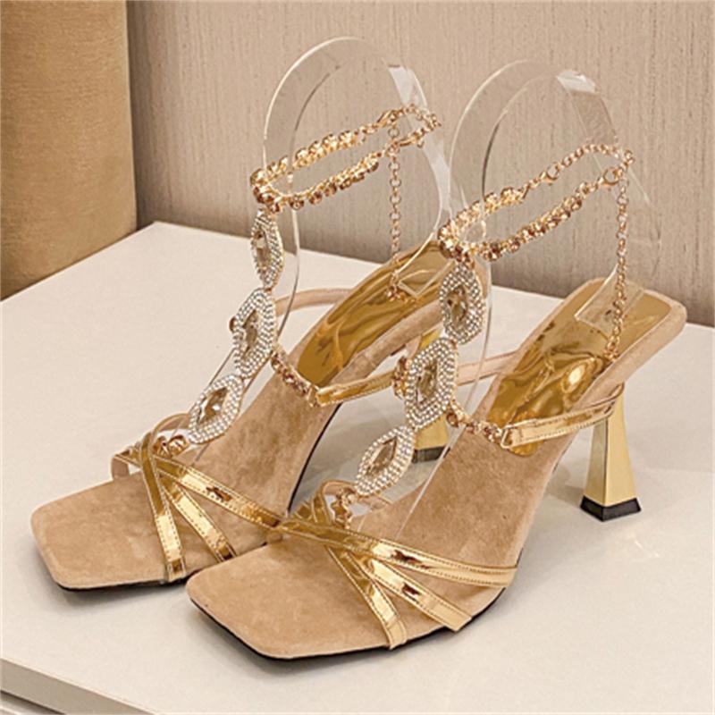 

Fashion Eilyken Sexy Crystal Metal Chain Buckle Strap Women Sandals Square Toe High Heels Banquet Party Shoes Zapatillas De Mujer 35