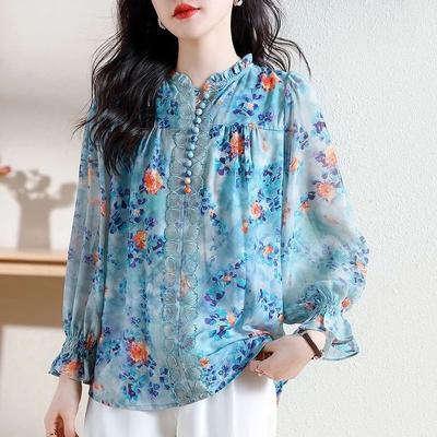 Floral Shirt Women's Top Spring Stand Collar Middle-aged Long Sleeved Versatile Chiffon Top