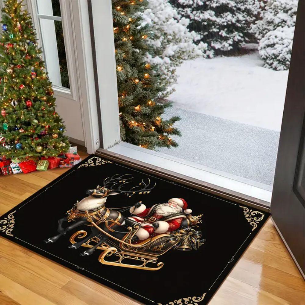 Christmas Happy Front Door Carpet Santa Claus Indoor Entrance Black Anti-Slip Floor Mat Holiday Home Decoration