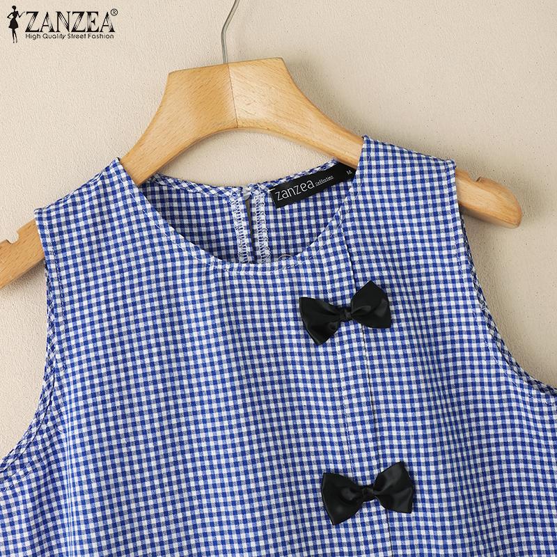 ZANZEA Womens Summer Round Neck Sleeveless Plaid Print Tank Tops