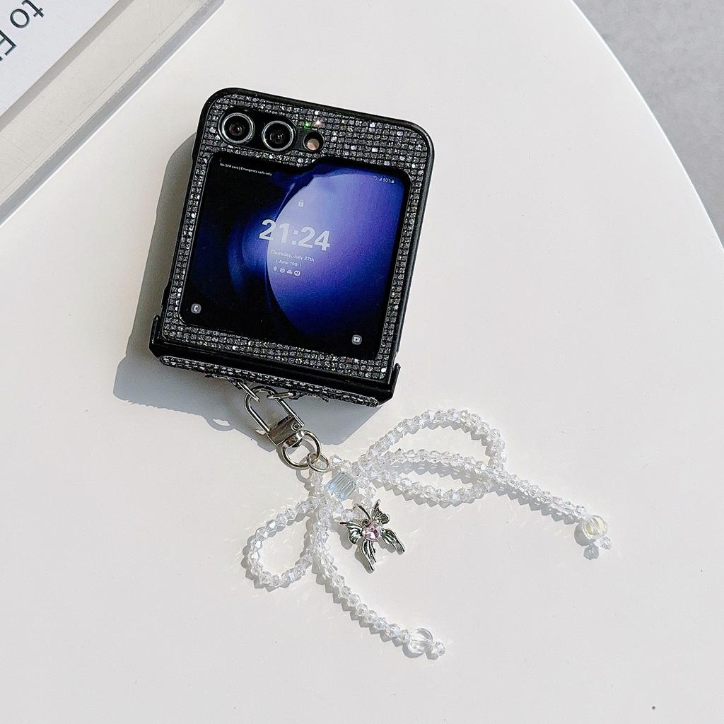 For Samsung Galaxy Z Flip5 5G Case Sequins Decor PC Phone Cover with Beaded Bowknot Pendant