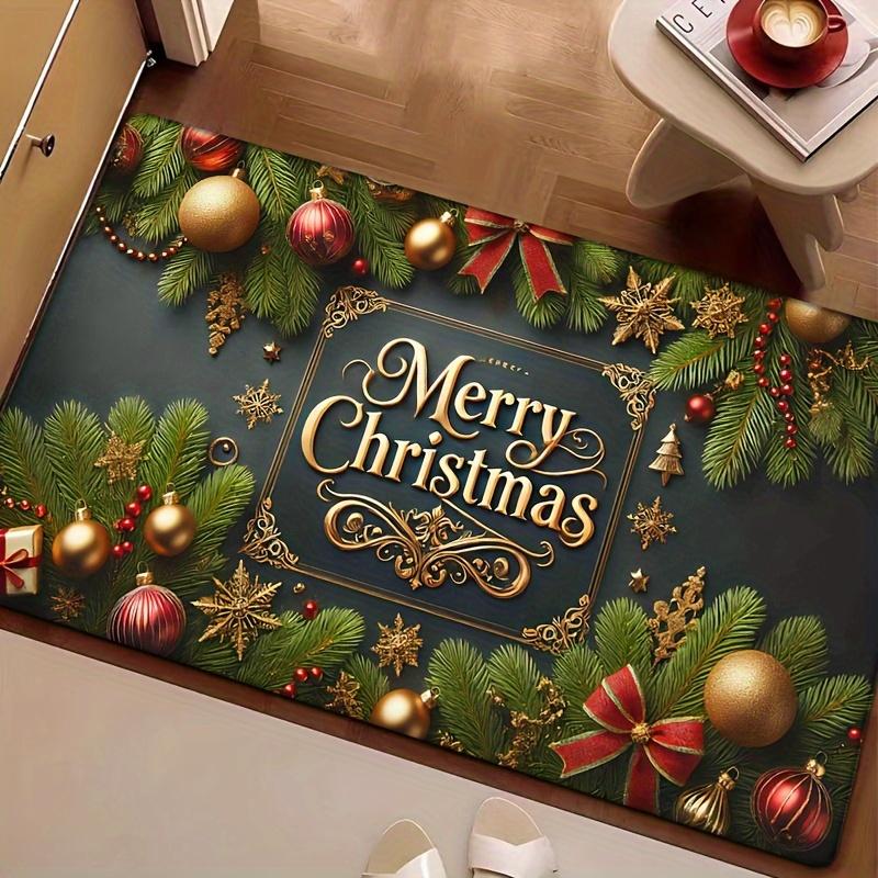Tappetino da porta in flanella Buon Natale, Tappeto con design ad albero e palline festive, Antiscivolo, Spugna spessa per Decorazione di Camera da letto, Cucina, Bagno