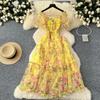 Theepauze Retro Franse Zachte Stijl Bloemen Chiffon Jurk voor Dames met Een Ingesnoerde Taille en Een Pofmouw met Eén Schouder Mesh Rok