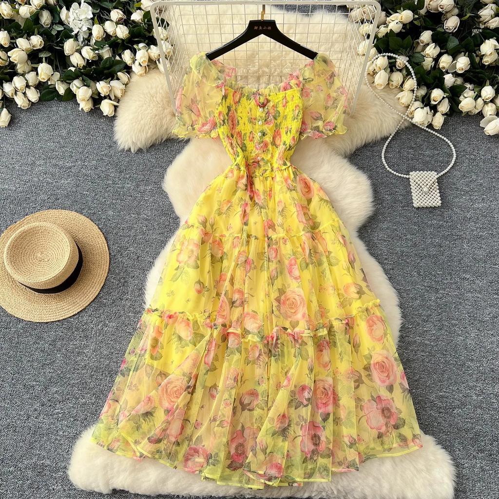 Theepauze Retro Franse Zachte Stijl Bloemen Chiffon Jurk voor Dames met Een Ingesnoerde Taille en Een Pofmouw met Eén Schouder Mesh Rok