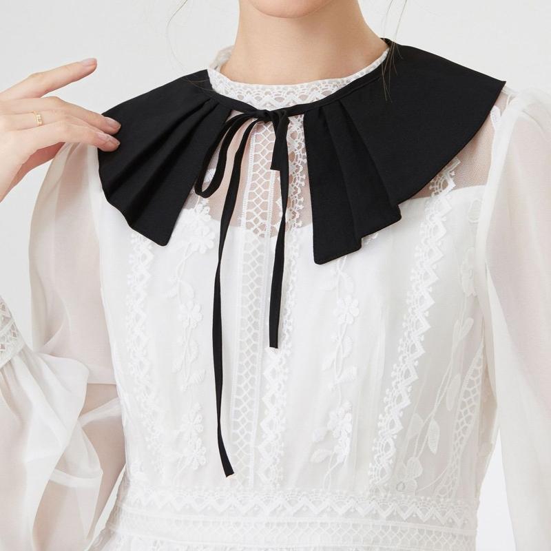 Women Girls Vintage Lolita False Fake Collar Shawl Sweet Ruffles Lace-Up Bow Decorative Necklace Choker Short Poncho