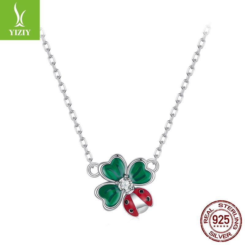 Spring New Four-Leaf Clover Ladybug Necklace 925 Silver Woman, Premium Sense S925 Silver Collarbone Chain