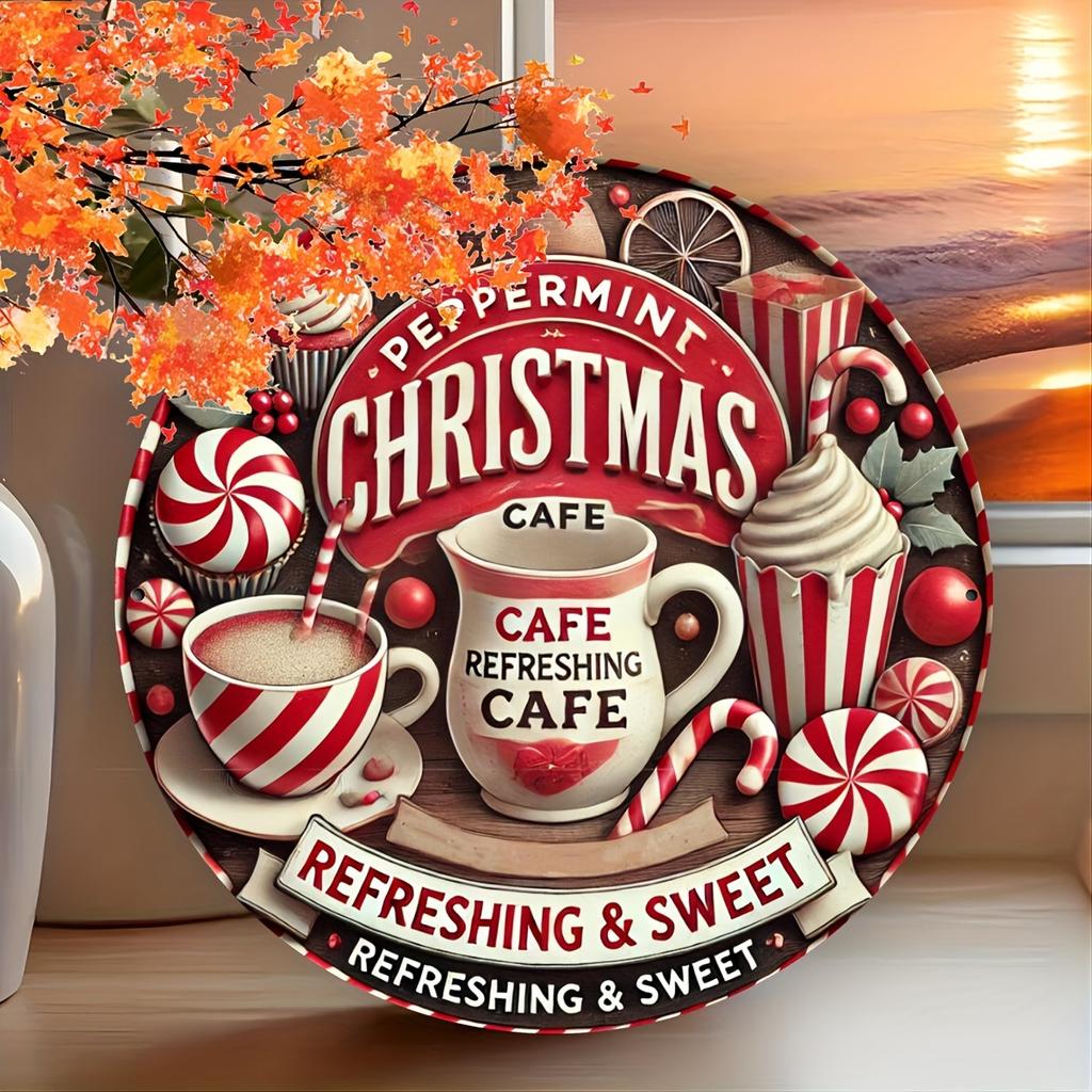 Christmas Cafe Mint Aluminum Brand - 1 piece, 8x8 inch round metal wall art, suitable for holiday decoration, suitable for home