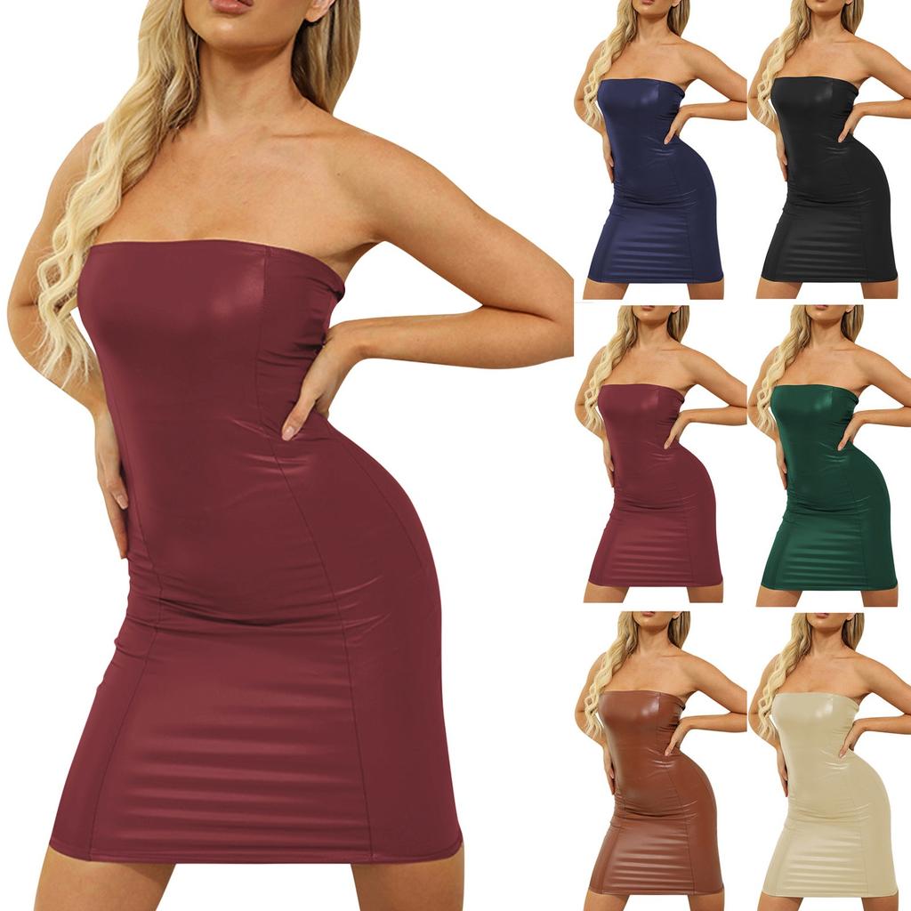 Women's Fashion Casual Self-Cultivation Leather Color Sexy Hip Wrap Bra Dress