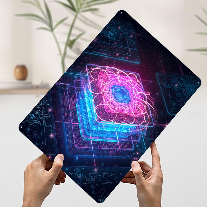 Abstract Glowing Circuit Board Layers Poster Customized Wall Art Vintage Metal Signs Retro Tin Plaque for Man Cave Home Decor