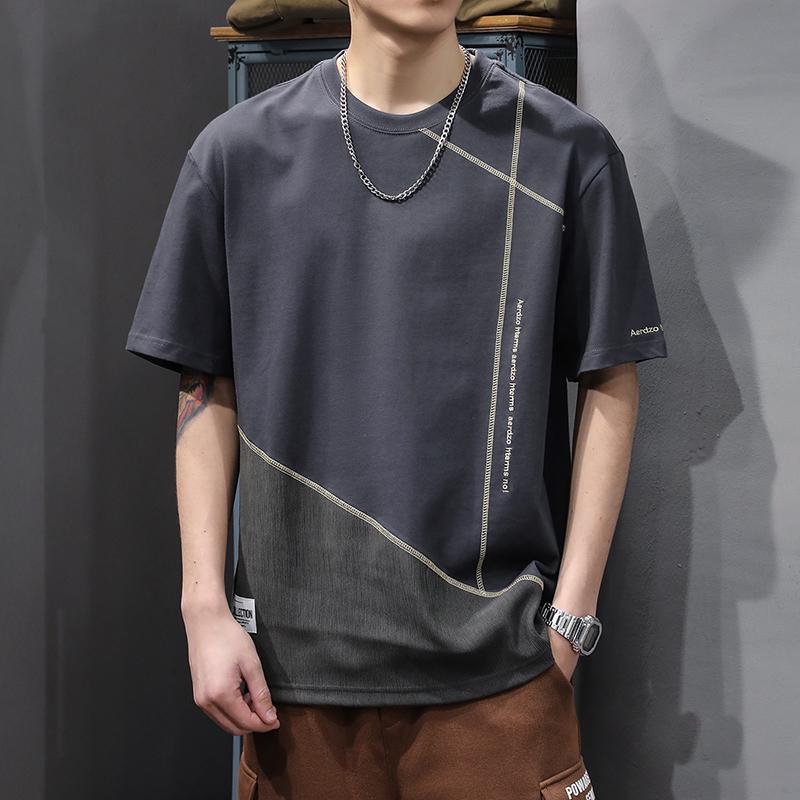 

Men s American High Street Splicing Cotton T-Shirt - Loose Fit, Short Sleeve, Summer Style 2XL (Weight 160-180 jin)
