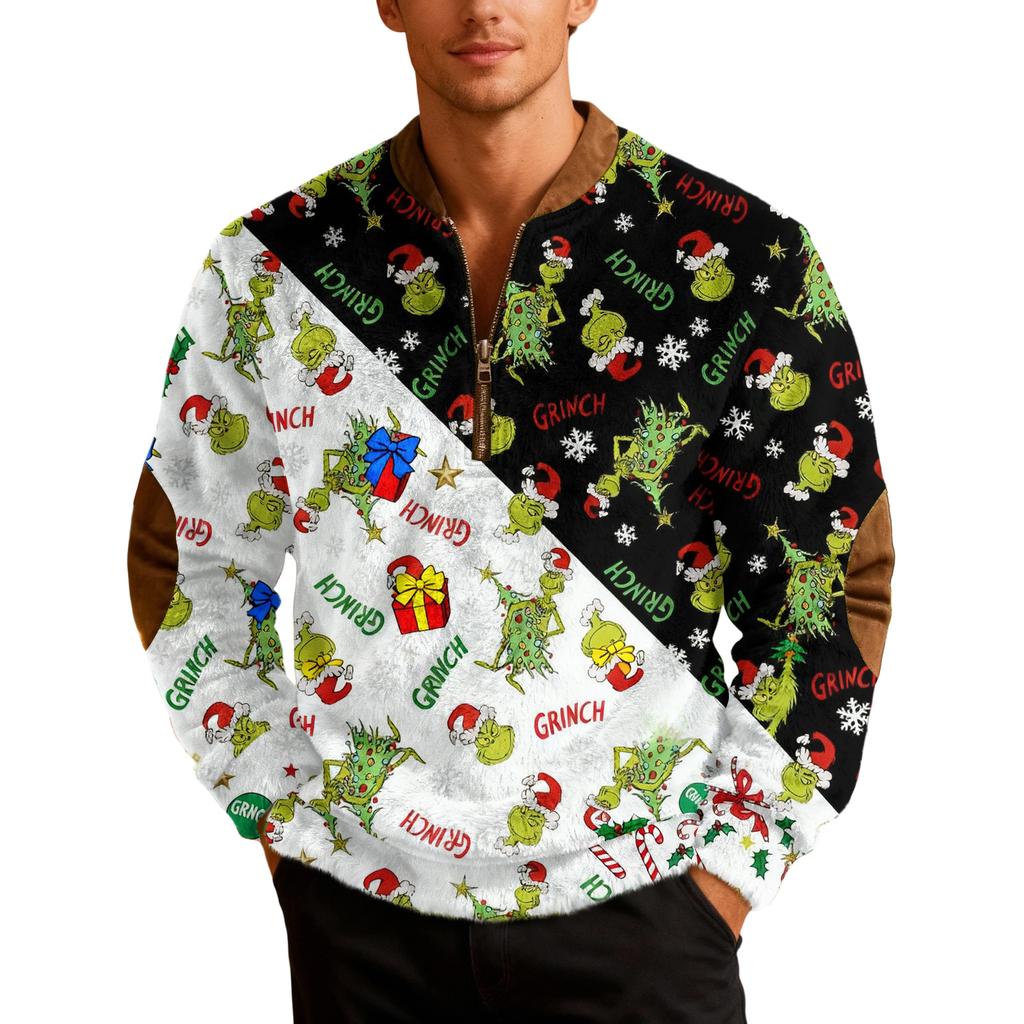 Men's Casual Cartoon-printed Semi-zipper Flannel Retro Long-sleeved Sweatshirt