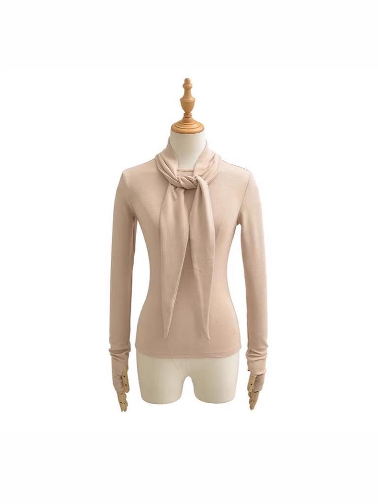 2026 Spring Korean Style Elegant Lace-up Faux Cashmere Long Sleeve Women's Top with Scarf