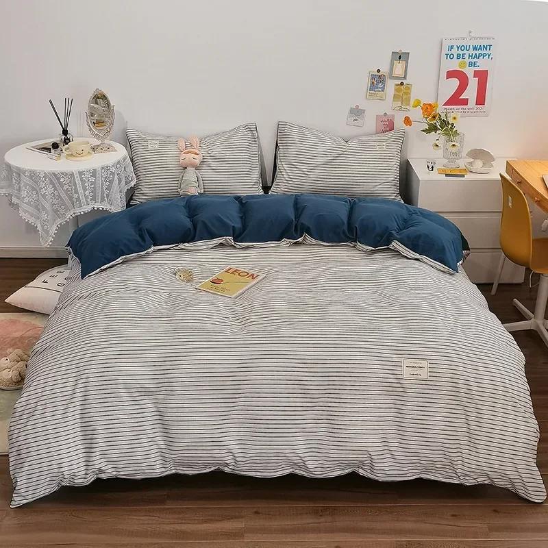 Japanese Grid Printed Washed Bedding Set Skin-Friendly Breathable Quilt Cover Sets for All Seasons Queen King Size Bedclothes