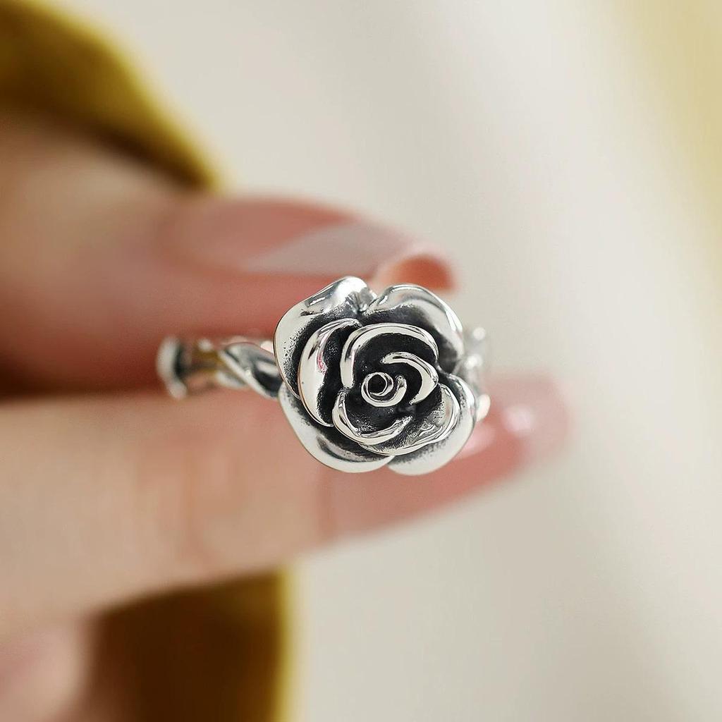 Adjustable 925 Sterling Silver Rose Ring - Retro Chinese Style