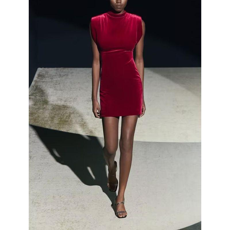 Za2025 Spring New Women's Clothing Fashion Temperament Waist-Controlled Slimming Sleeveless Velvet Padded Shoulder Dress 0036185