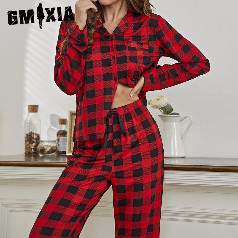 GMXIA Odzież domowa Damska Czerwona Kraciasta Koszula Kardigan z Długim Rękawem Długie Spodnie Zestaw Piżamowy