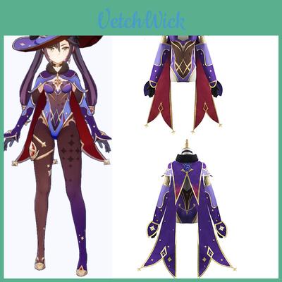 Costume complet de cosplay de Mona (Genshin Impact), en coton de haute qualité et aux détails soignés.