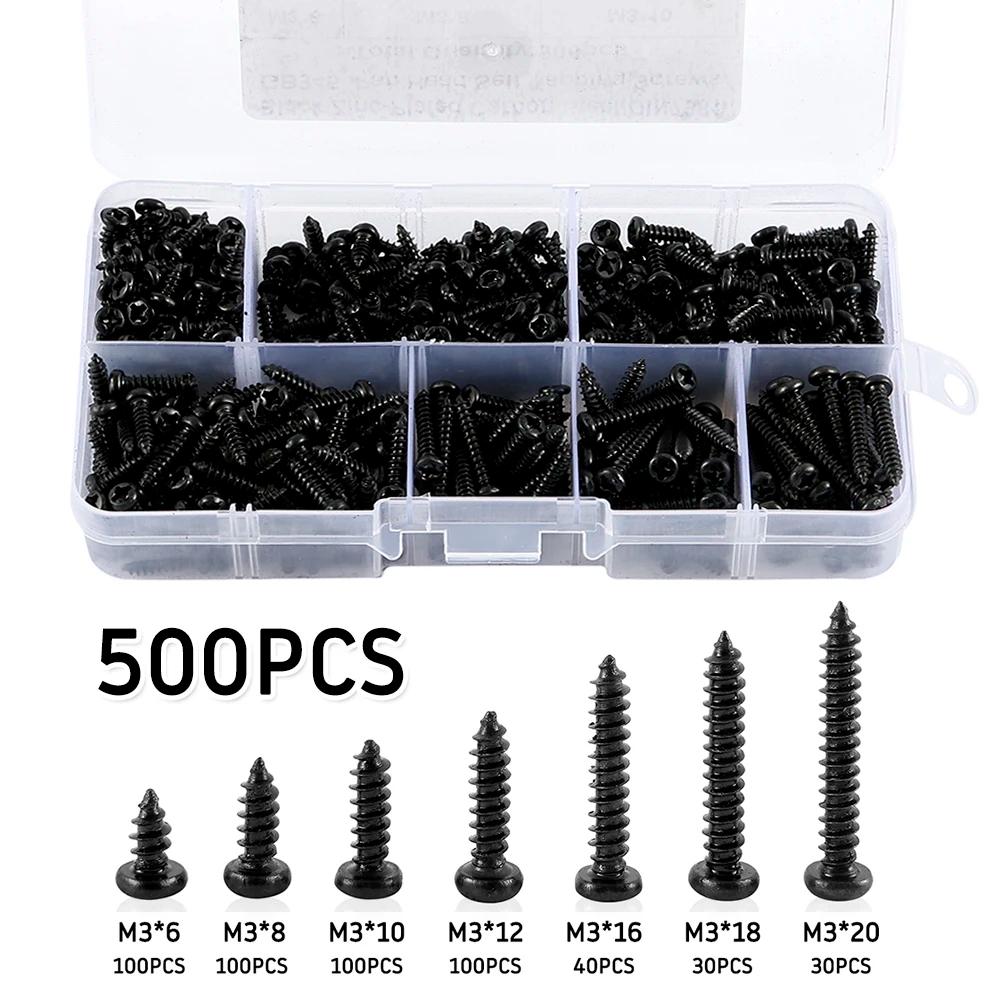 

500pcs M3 Phillips Pan Head Screws Self Tapping Drilling Screws Assortment Kit Carbon Steel 6mm 8mm 10mm 12mm 16mm 18mm 20mm