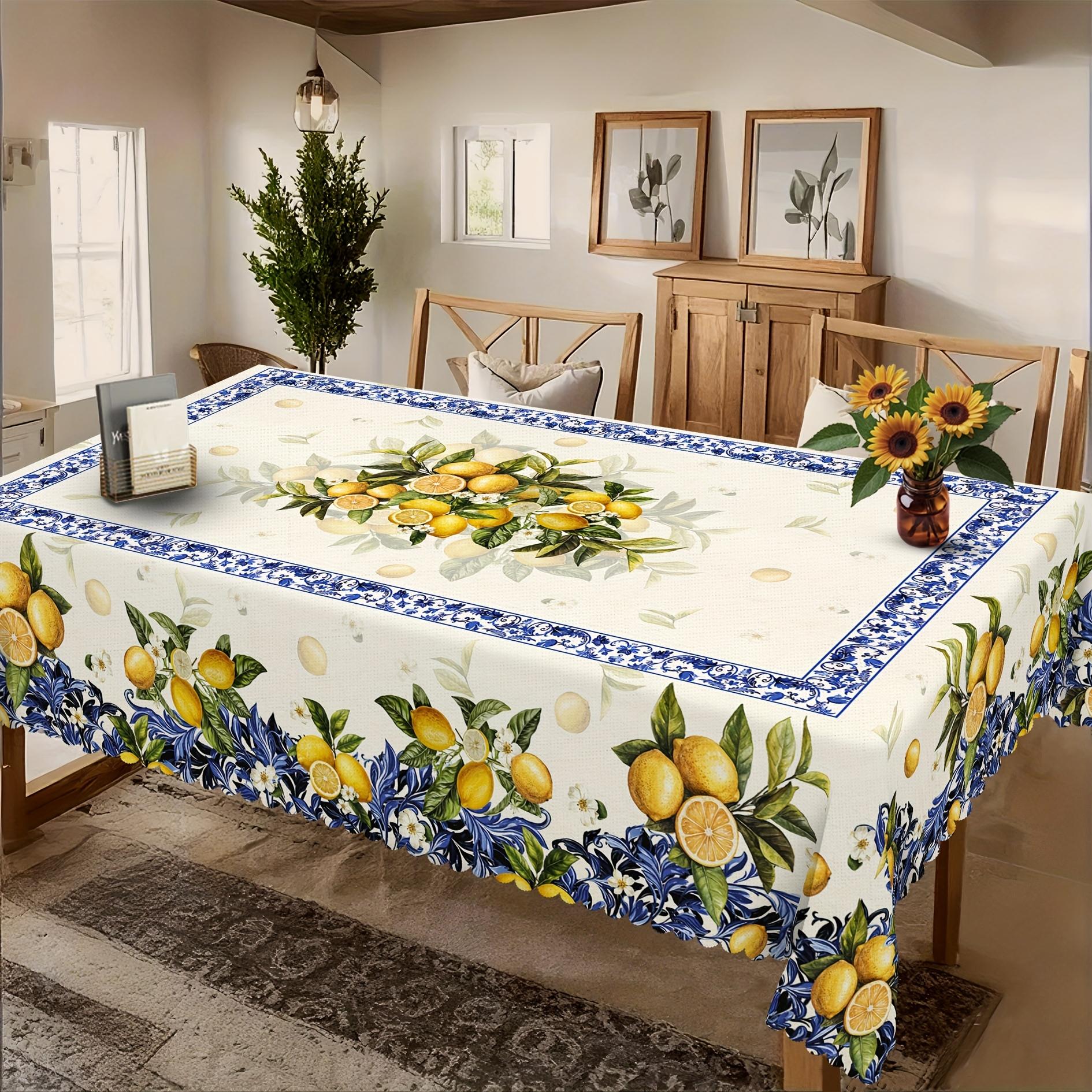 Nappe Florale Citron Vintage pour Décoration de Table Décoration de Table de Salle à Manger Décoration de Mariage Fête Impression Citron Bleu Feuilles Vertes 140x200cm
