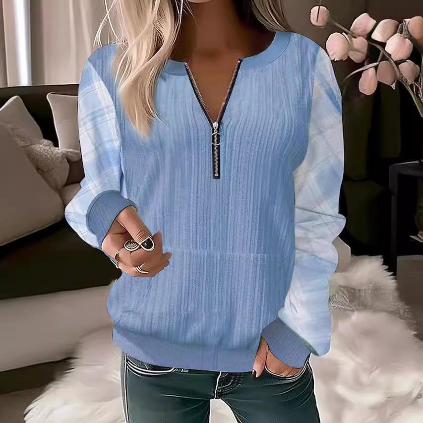 Autumn and Winter Women's Plus Size Long Sleeve Pullover Printed V-Neck Zip Top