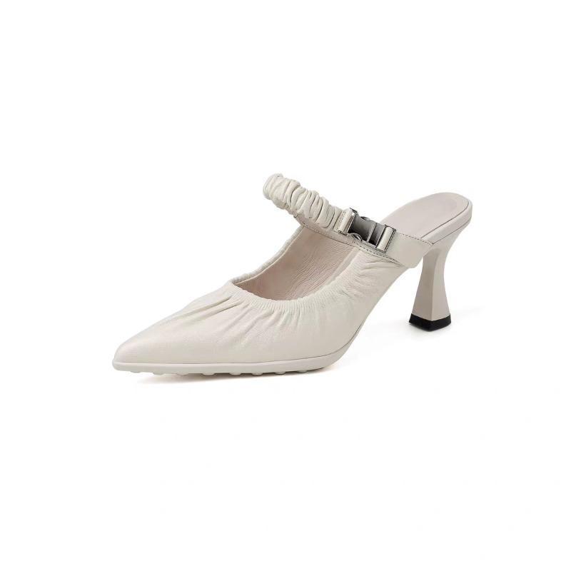 Fashion Pleated Pointed Toe Cool Mopping Summer New Baotou Shallow Mouth Metal Buckle One Slip Slip Stiletto High Heels