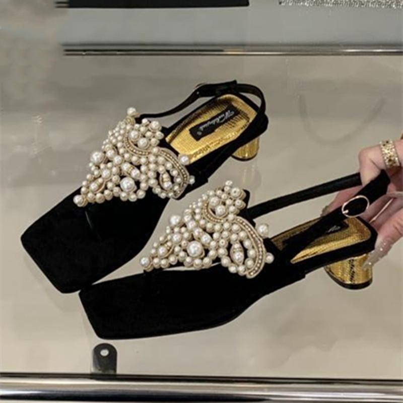 

Fashion Elegant String Bead Embellished Sandals Women Sexy Clip Toe Back Strap Buckle Flip Flops Fashion Party Designer Brand High Heels 35 чёрный