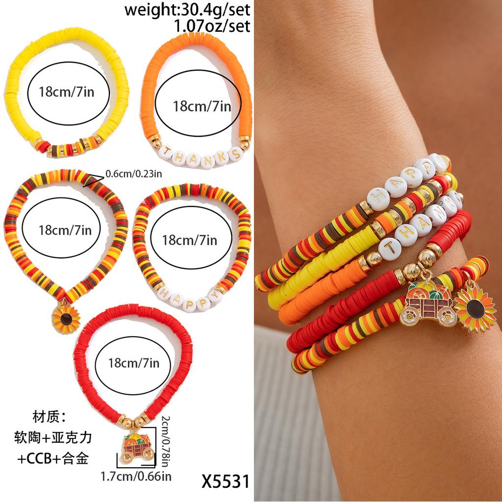 Thanksgiving Creative Turkey Pendant Colored Bracelet, Personalized Letter Pumpkin Bracelet, Charm Set