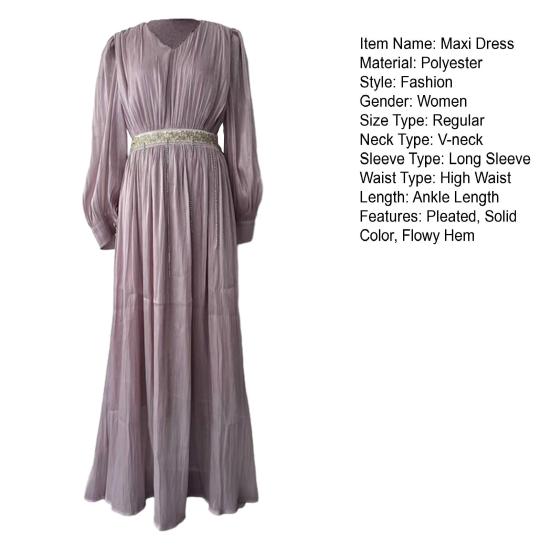 Rochie lungă de seară pentru femei, cu guler în V, cu mânecă lungă și bumbac, model midi, plisată, cu tiv lejer, fire subțiri