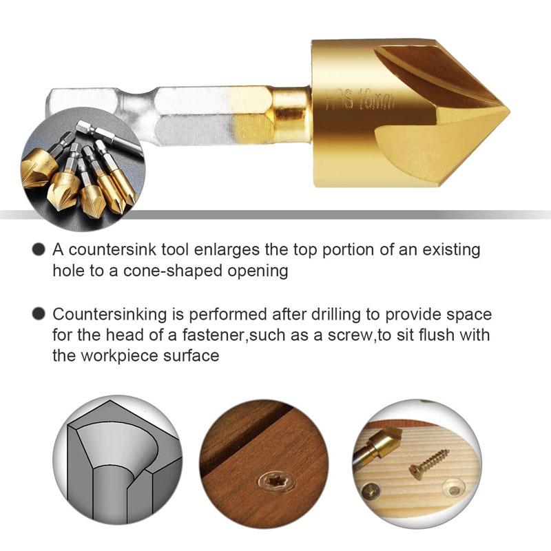 6pcs Countersink Drill Bit Set 1/4'' Hex Shank HSS 5 Flute Countersink 90 Degree Wood Chamfering Cutter Chamfer 6mm-19mm