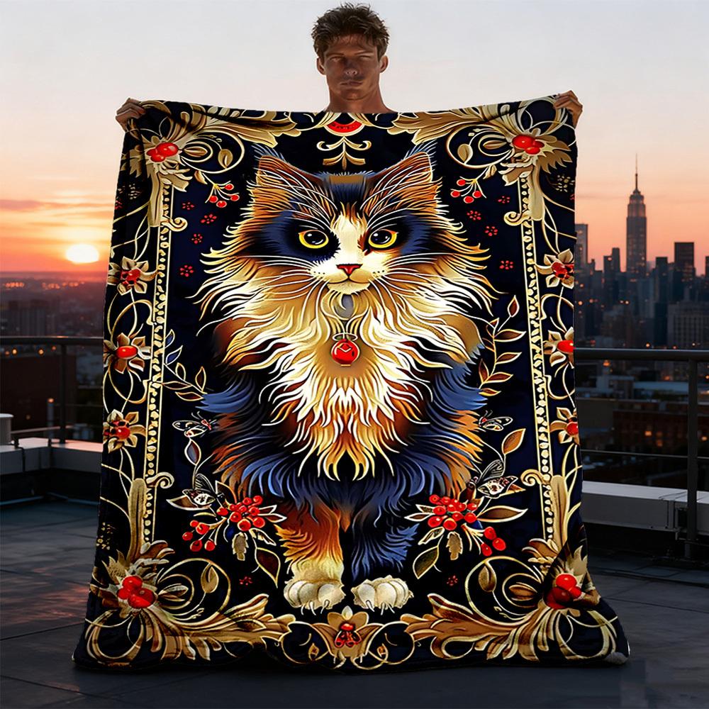 1pc Cat Ornament Print Outdoor Blanket, Lightweight Polyester,