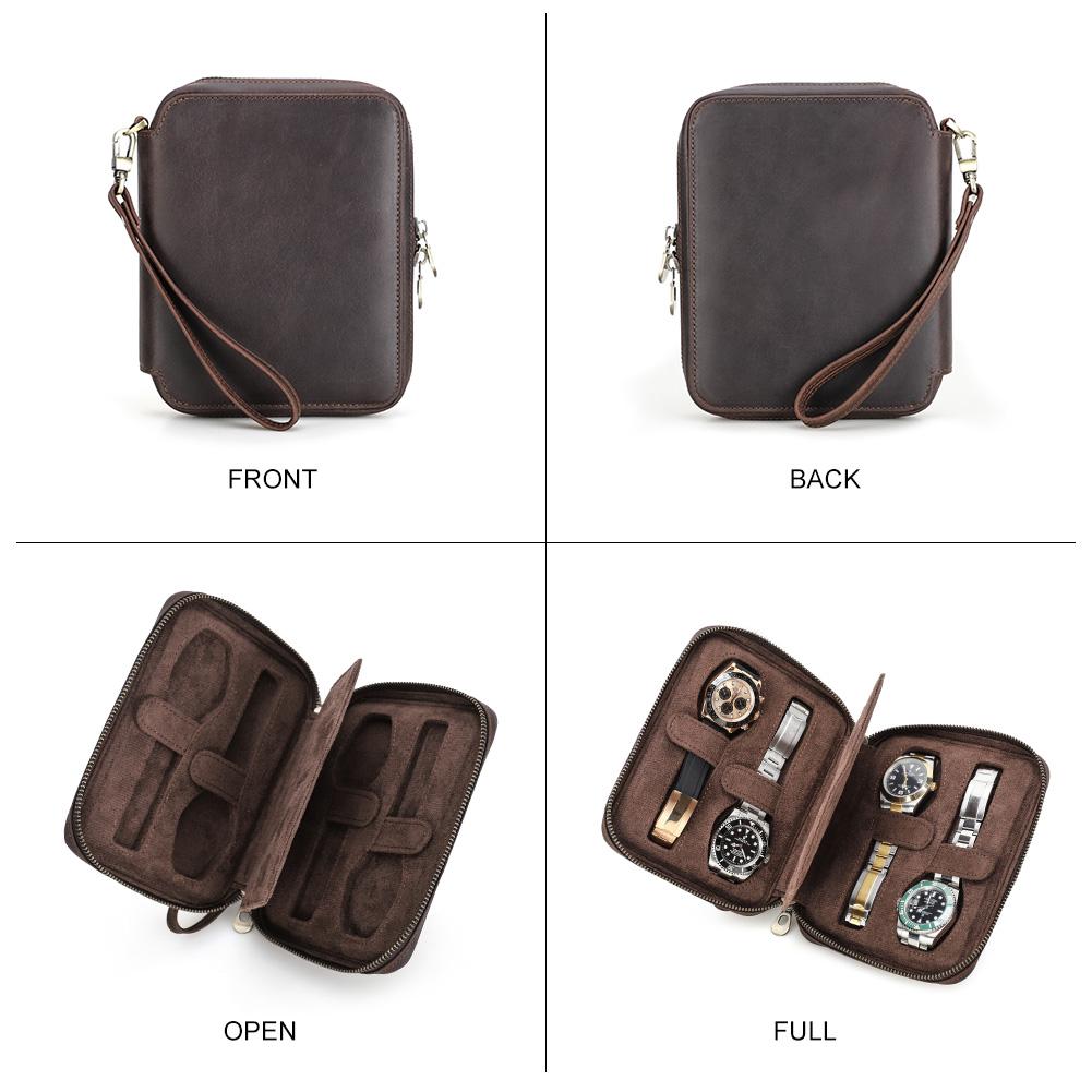 CONTACTS FAMILY Genuine Leather Watch Case Bag Watch Holder Vintage Zipper Travel Watch Display 2/4/6/8 Slot Storage Box Case Pouch