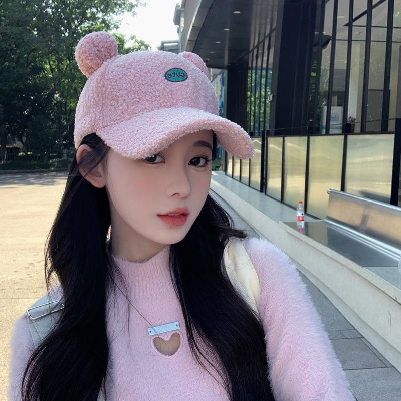 Korean Version of Autumn and Winter Warm Cartoon Hat for Women Imitation Lamb Fur Baseball Hat for Women Cute Student Fur Ball Ear Baseball Cap