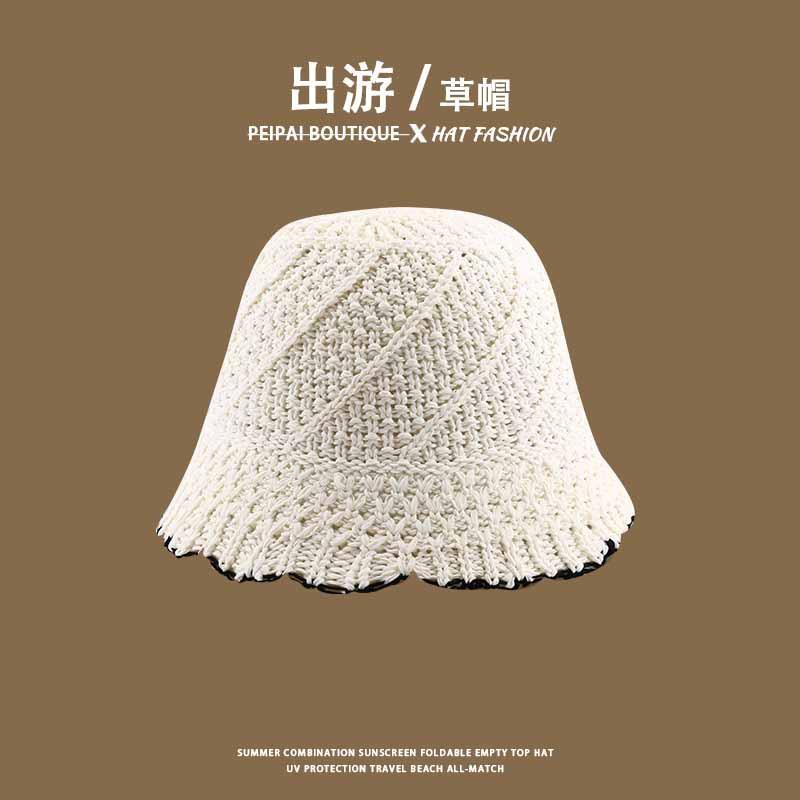 Women's Straw Hat Woven Sunshade Beach Hat Summer Hollow Breathable Bucket Hat Beach Sunshade Hat