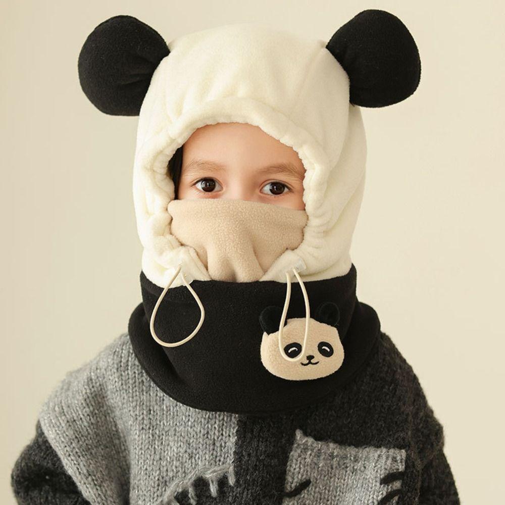 Warm Drawstring Bear Ear Hat Soft Panda Neckerchief Panda Plush Scarf with Face Mask  Streetwear