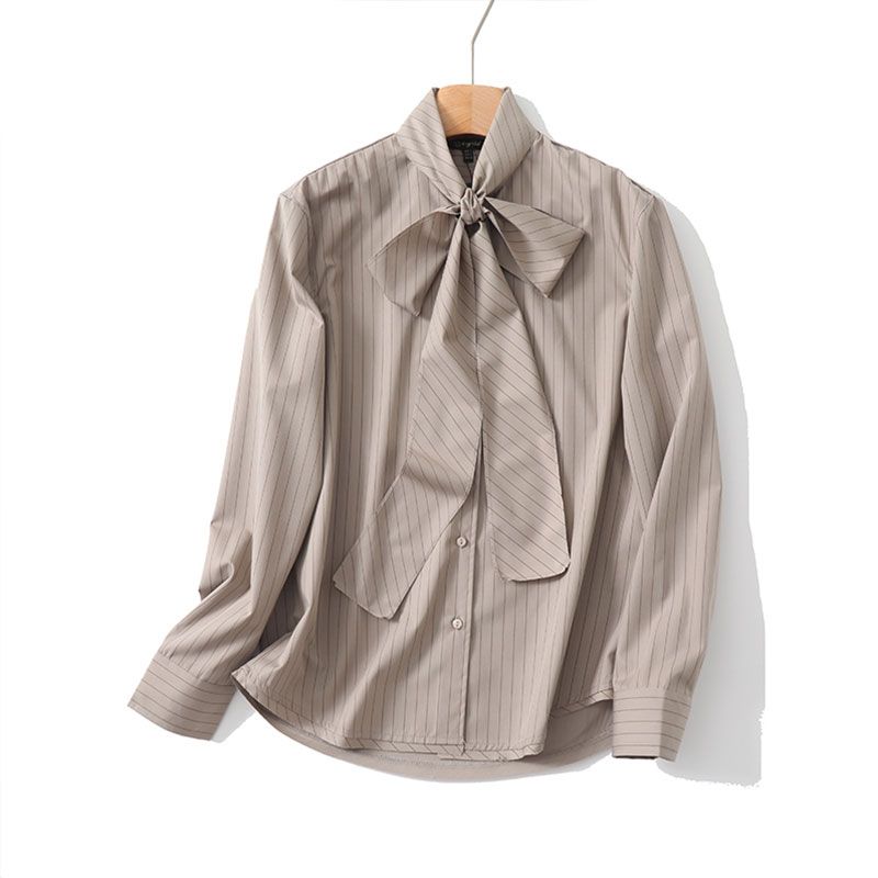 

MD Women s Clothing French Style Young Lady Ol Commute Style Stripes Elegant Streamer Long Sleeve Shirt 05117817711 PALE CURRY L