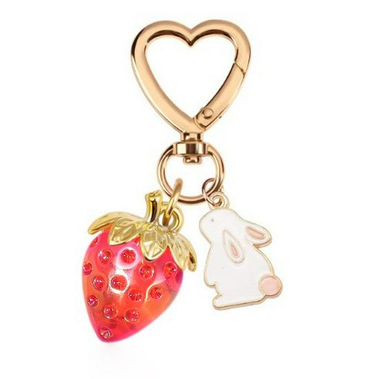 Peach Heart Strawberry Flower Keychain - Heart-Shaped Bag or Car Pendant