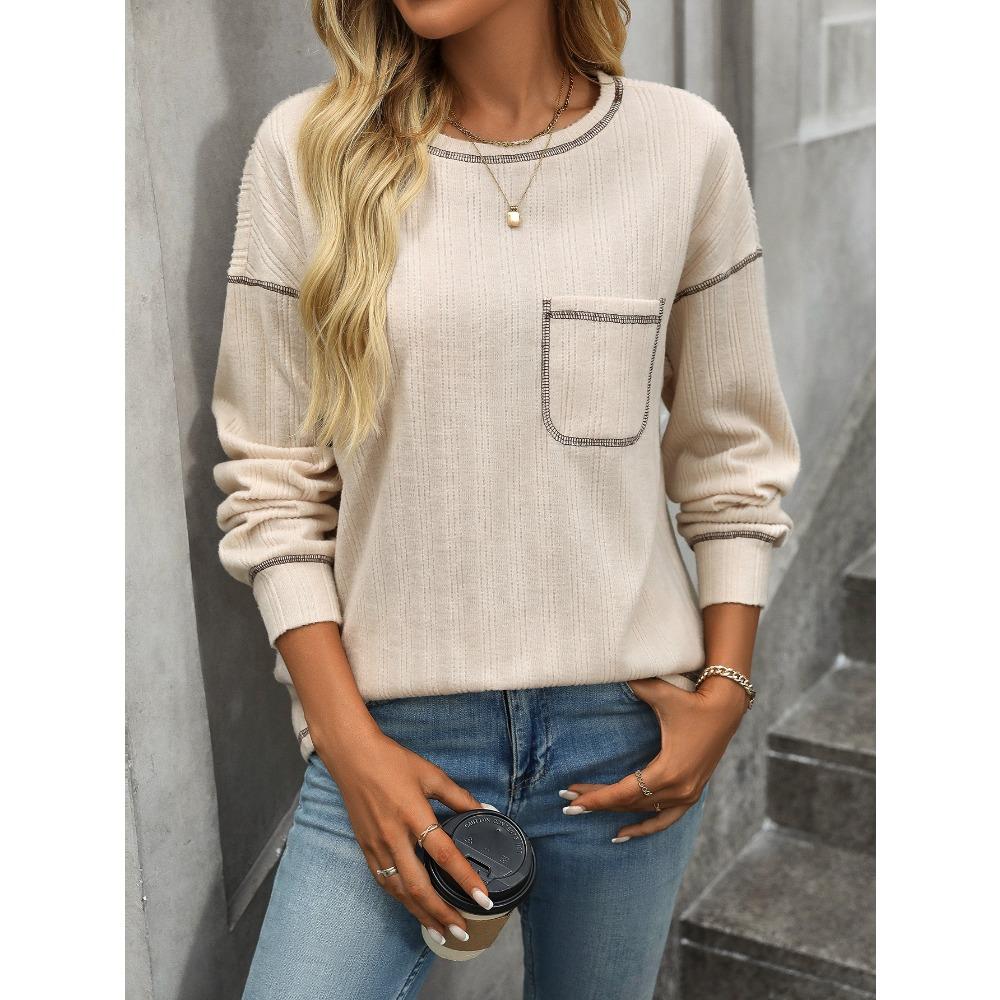 Women's Pit Stripe Brushed Solid Color Round Neck Pocket Casual Loose T-shirts
