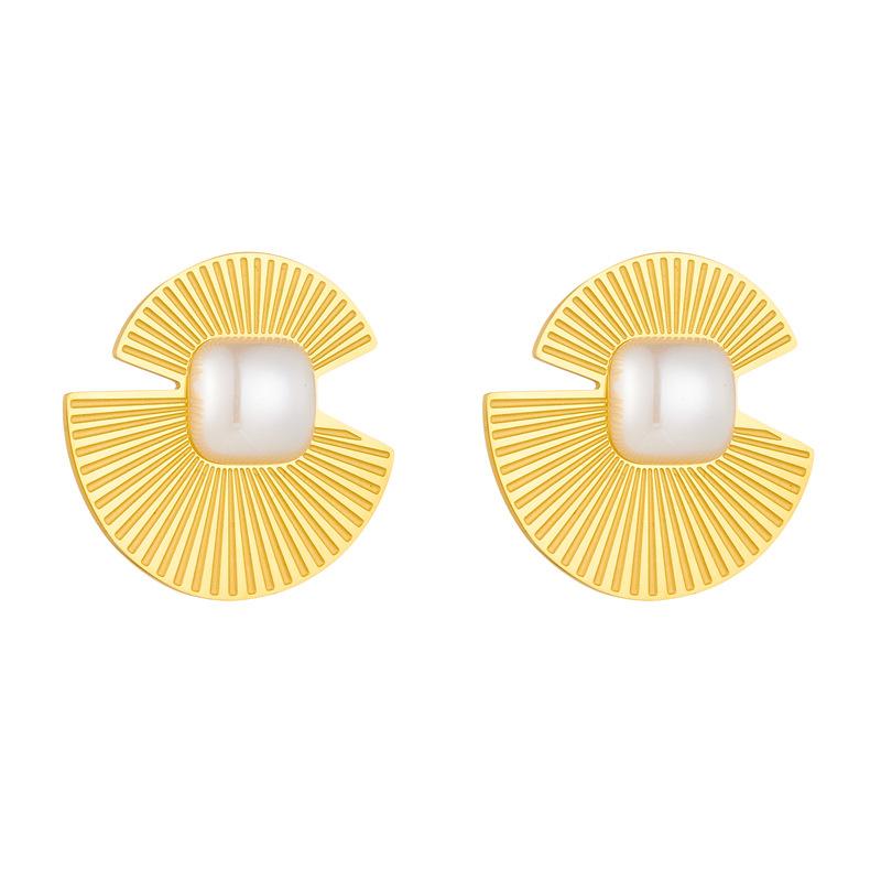 Gold Tone Sunburst Fan Shaped Stud Earrings with Square Pearl