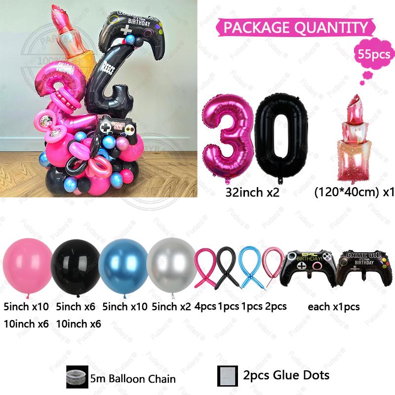 54pcs Red Lips Game Control Handle Black 1-9 Foil Digital Balloons Childrens Birthday Toys Party Decor Game Theme Party Supplies