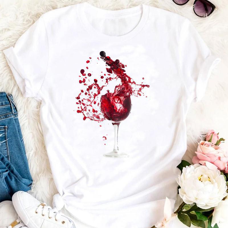 Womens Fashion Wine Glass Print Trendy Womens Base Layer Halfsleeved Womens Wear Shortsleeved Women Tshirt for Summer
