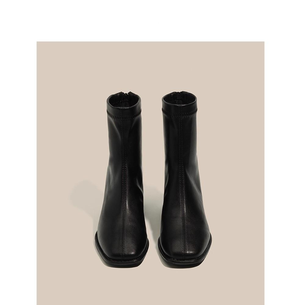 Fashion 2025 New British Retro Style Square Toe Women Show Skinny Block Heel Versatile Soft Leather Booties