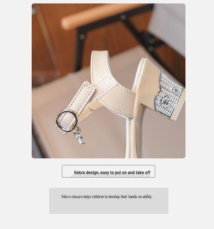 Girls’ Rhinestone Flower High Heel Sandals – Non-slip Soft Sole for Summer & Dance