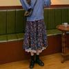 Spring Vintage Lace Trim Floral Midi Skirt for Women - High-Waist A-Line Full Flared Drape Half Skirt