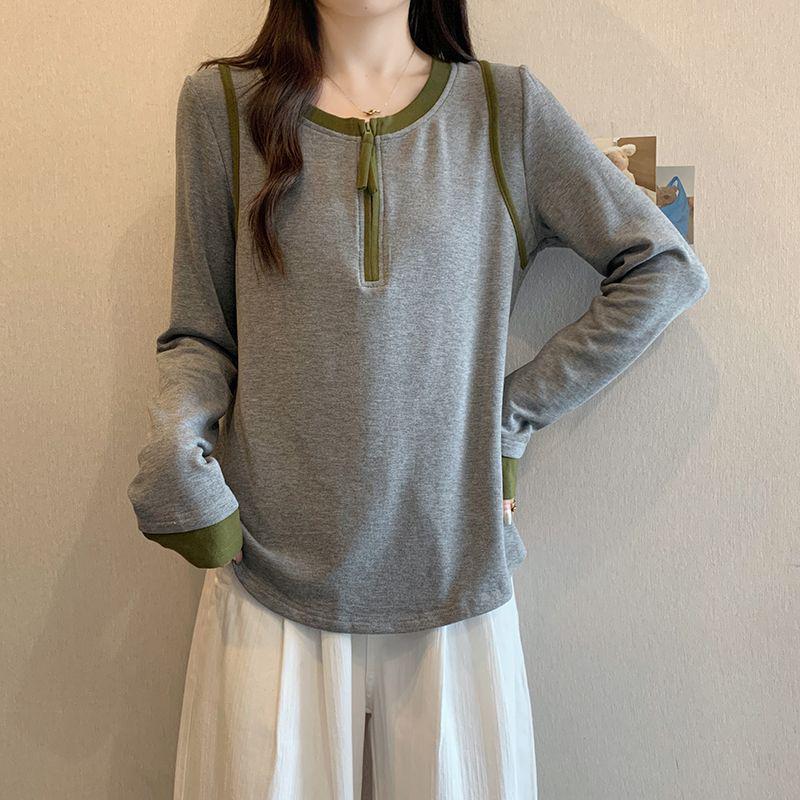 

Chubby Girl Plus Size Color Block Half-Zip Long Sleeve Top - Slimming & Versatile for Autumn/Winter XL (121-140 catty)