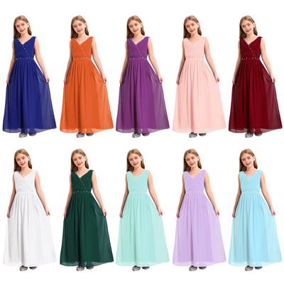 Vestido de flores para niñas, elegante vestido de fiesta de gasa con cuentas, vestido de verano con cuello en V fruncido, vestido sin mangas para dama de honor y boda