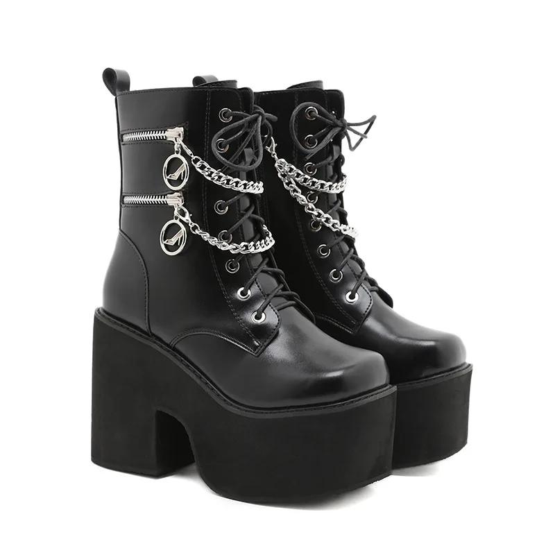 Fashion Black Gothic Motorcycle Boots Zip High Heel Punk Chunky Platform Mid-Calf Women Boots Shoes Women De Mujer Big Size 43