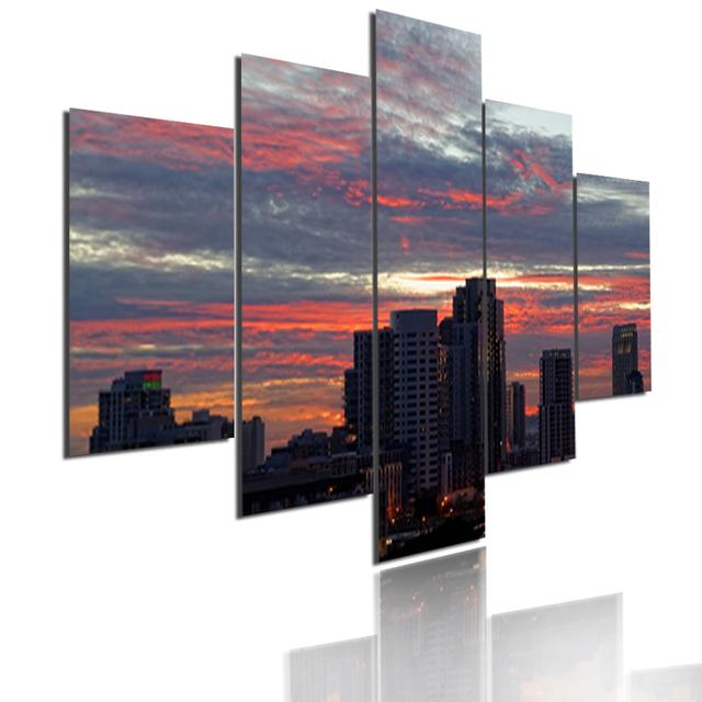 Wall Art Metropolis Skyscrapers Canvas Painting 5 Pieces Modular Picture Bustling City Night Poster HD Printed for Home Decor