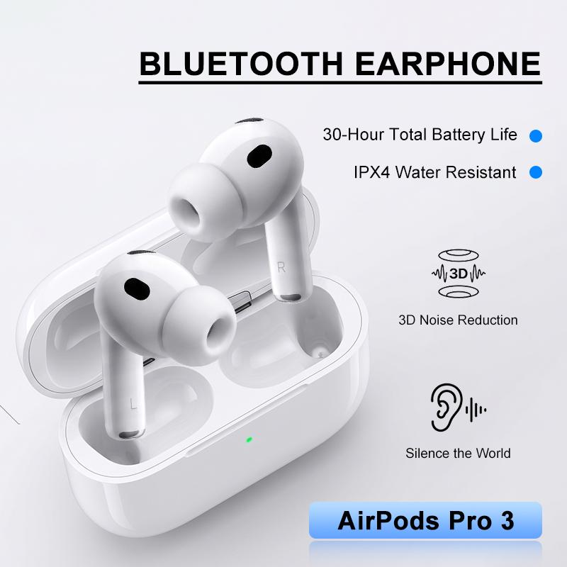 New TWS Wireless Earbuds AirPods Pro 3 Pro-Level Noise Cancellation 30H Battery IPX4 Waterproof Bluetooth Headphones