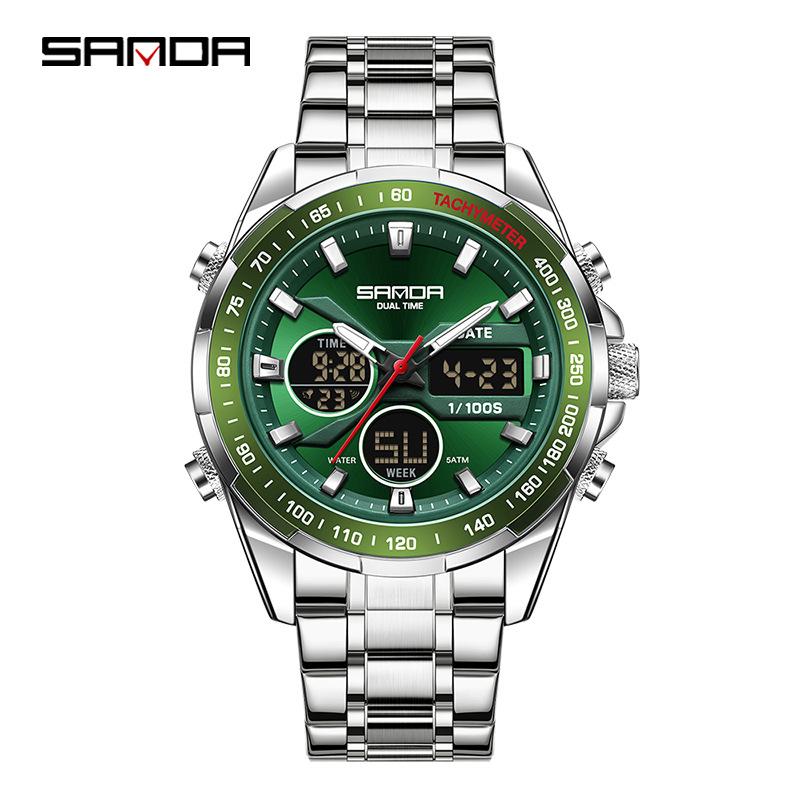 SANDA Stereoscopic Dual Display Watch Men's Steel Band Sunday Date 12/24 Hour 5ATM Waterproof Night Light Alarm Clock