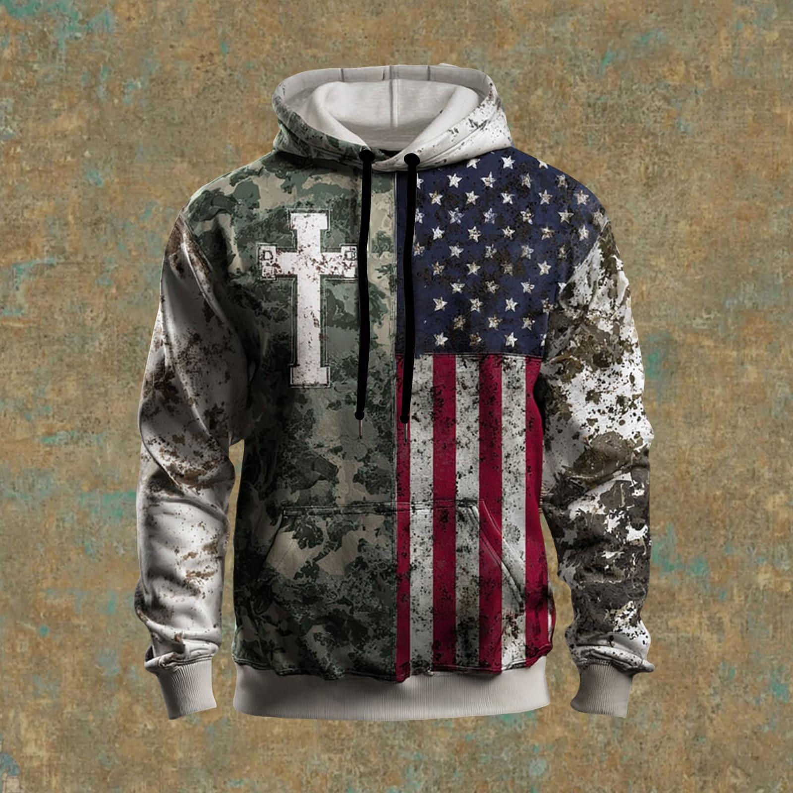 

Men s Vintage Casual American Flag Cross Hoodie Patriotic Shirt XXXL червоний